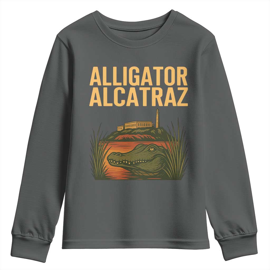 Alligator Alcatraz Florida Youth Sweatshirt Political Swamp Prison Dark Humor TS02 Dark Heather Print Your Wear