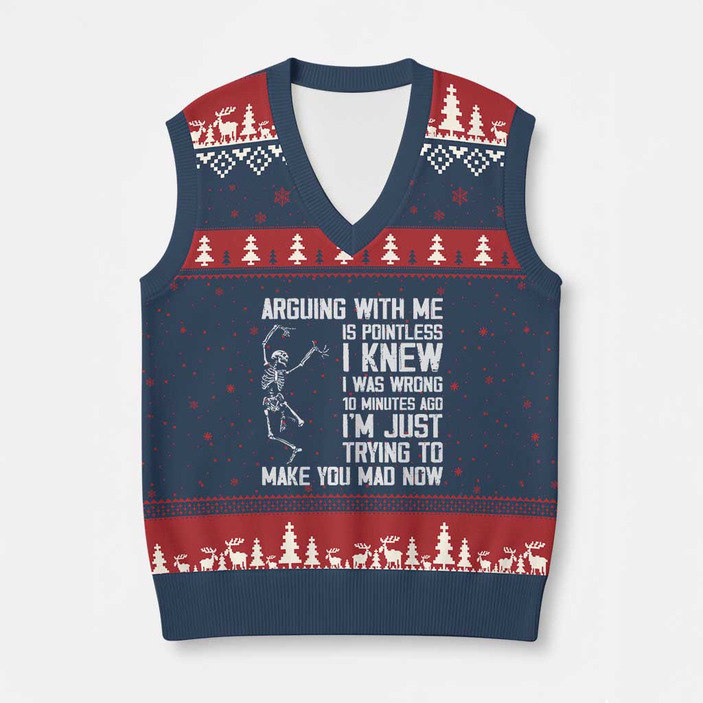 Funny Skeleton Sarcastic V-Neck Knit Sweater Vest Arguing With Me Is Pointless Smartmouths TS02 Navy Red Print Your Wear