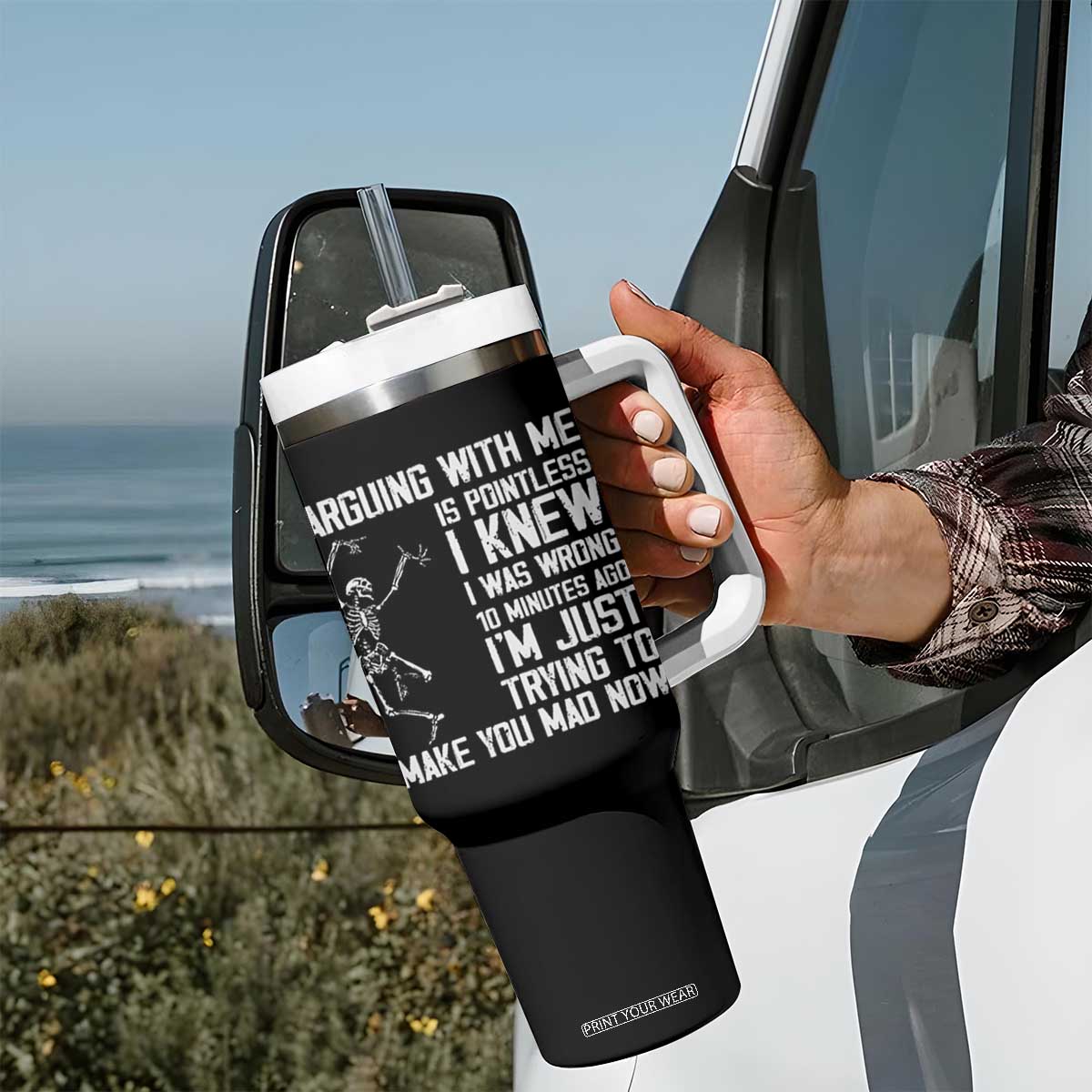 Funny Skeleton Sarcastic Tumbler With Handle Arguing With Me Is Pointless Smartmouths TS02 Print Your Wear