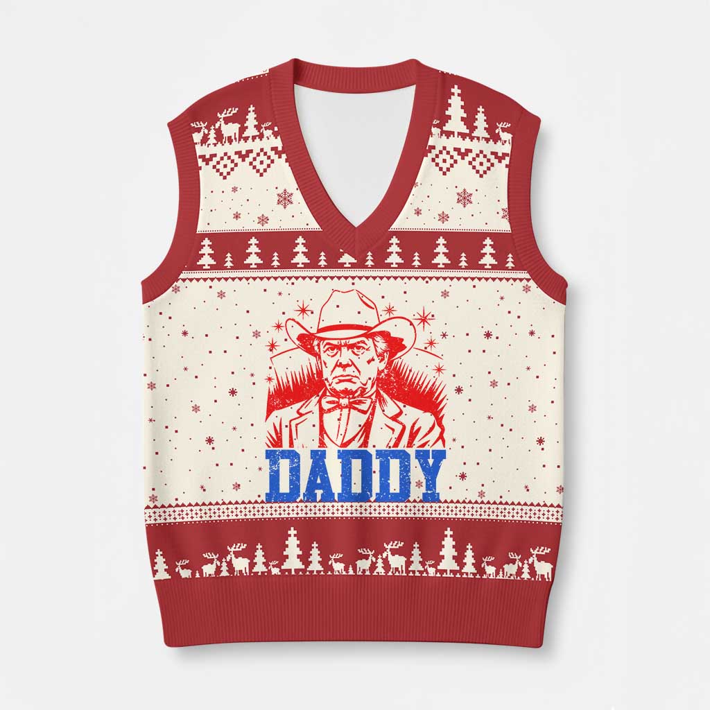 Cowboy Trump Daddy V-Neck Knit Sweater Vest Western Politica Patriotic Americans TS02 Beige Red Print Your Wear