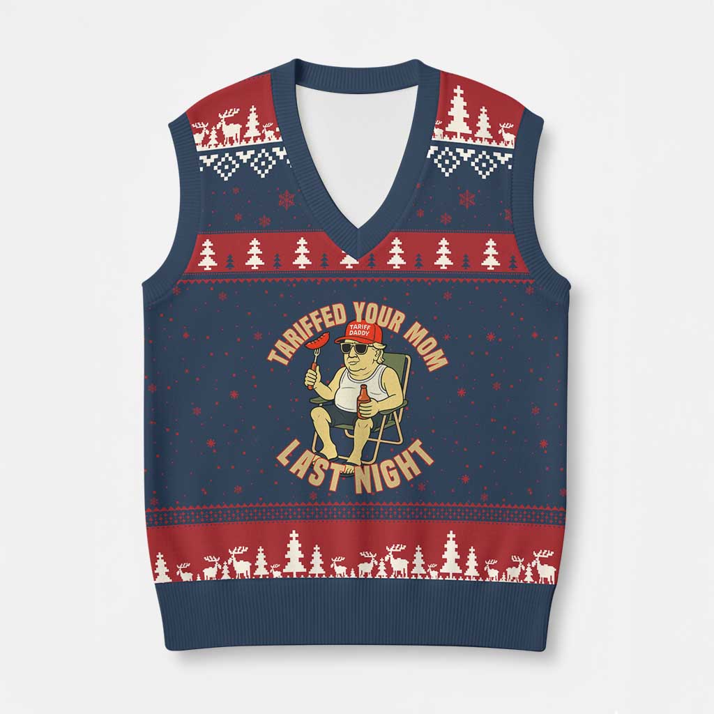 Funny Trump Tariff Daddy BBQ V-Neck Knit Sweater Vest Tariffed Your Mom Last Night Political Cookout Meme TS02 Navy Red Print Your Wear