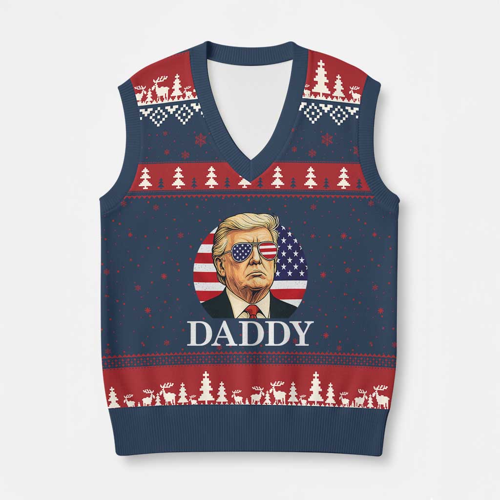 Patriotic Trump Daddy V-Neck Knit Sweater Vest American Flag Sunglasses TS02 Navy Red Print Your Wear