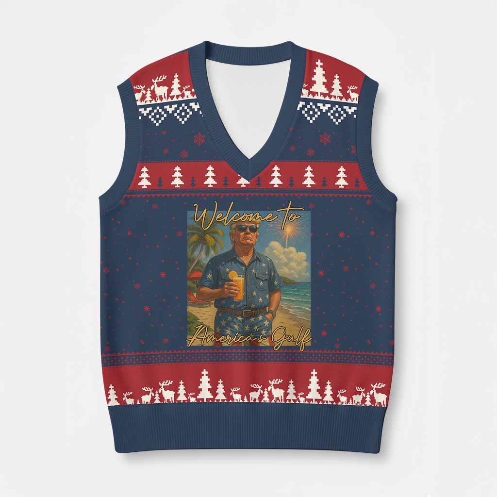 Welcome To Americas Gulf V-Neck Knit Sweater Vest Funny Trump Americana Retro Summer Vibe TS02 Navy Red Print Your Wear