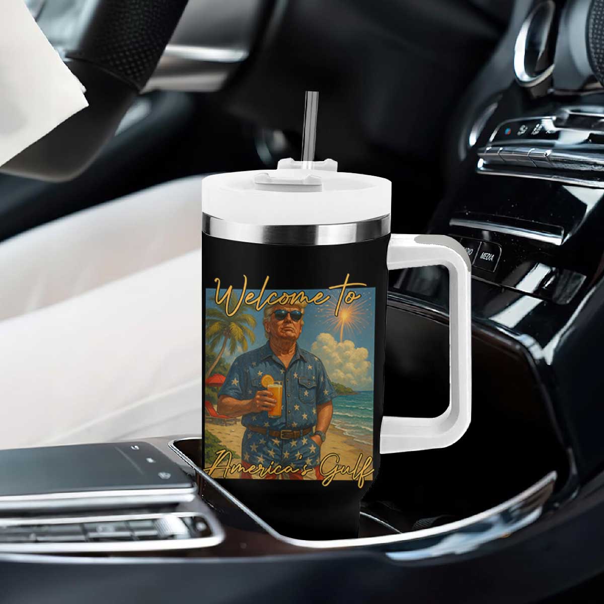 Welcome To Americas Gulf Tumbler With Handle Funny Trump Americana Retro Summer Vibe TS02 Print Your Wear