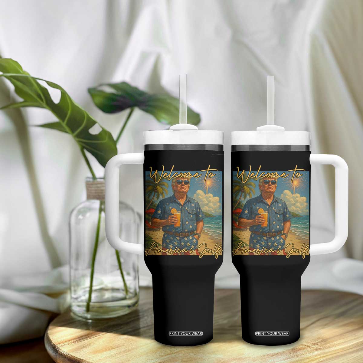 Welcome To Americas Gulf Tumbler With Handle Funny Trump Americana Retro Summer Vibe TS02 Print Your Wear