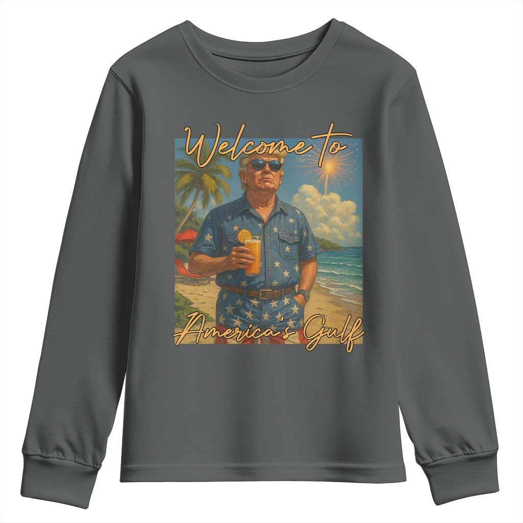 Welcome To Americas Gulf Youth Sweatshirt Funny Trump Americana Retro Summer Vibe TS02 Dark Heather Print Your Wear