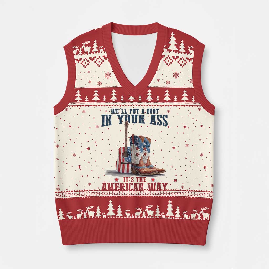 Funny Boot in Your Ass American Way V-Neck Knit Sweater Vest Patriotic Country Style USA Pride TS02 Beige Red Print Your Wear