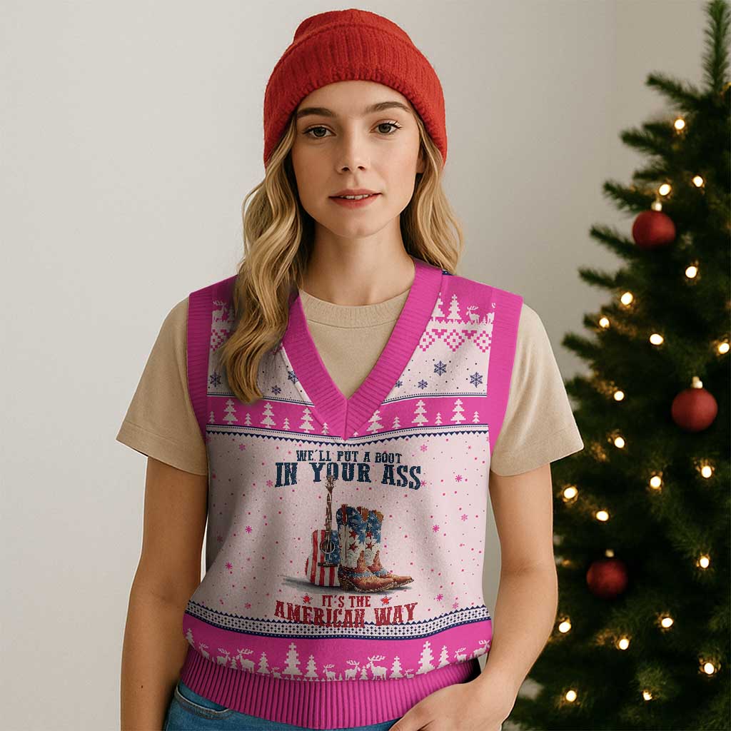 Funny Boot in Your Ass American Way V-Neck Knit Sweater Vest Patriotic Country Style USA Pride TS02 Hot Pink Print Your Wear