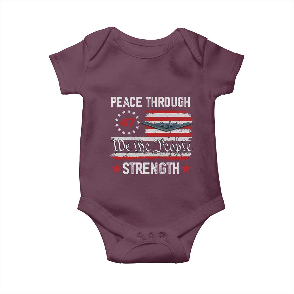 Peace Through Strength Baby Onesie Patriotic Midnight Hammer Jet American Flag TS02 Maroon Print Your Wear