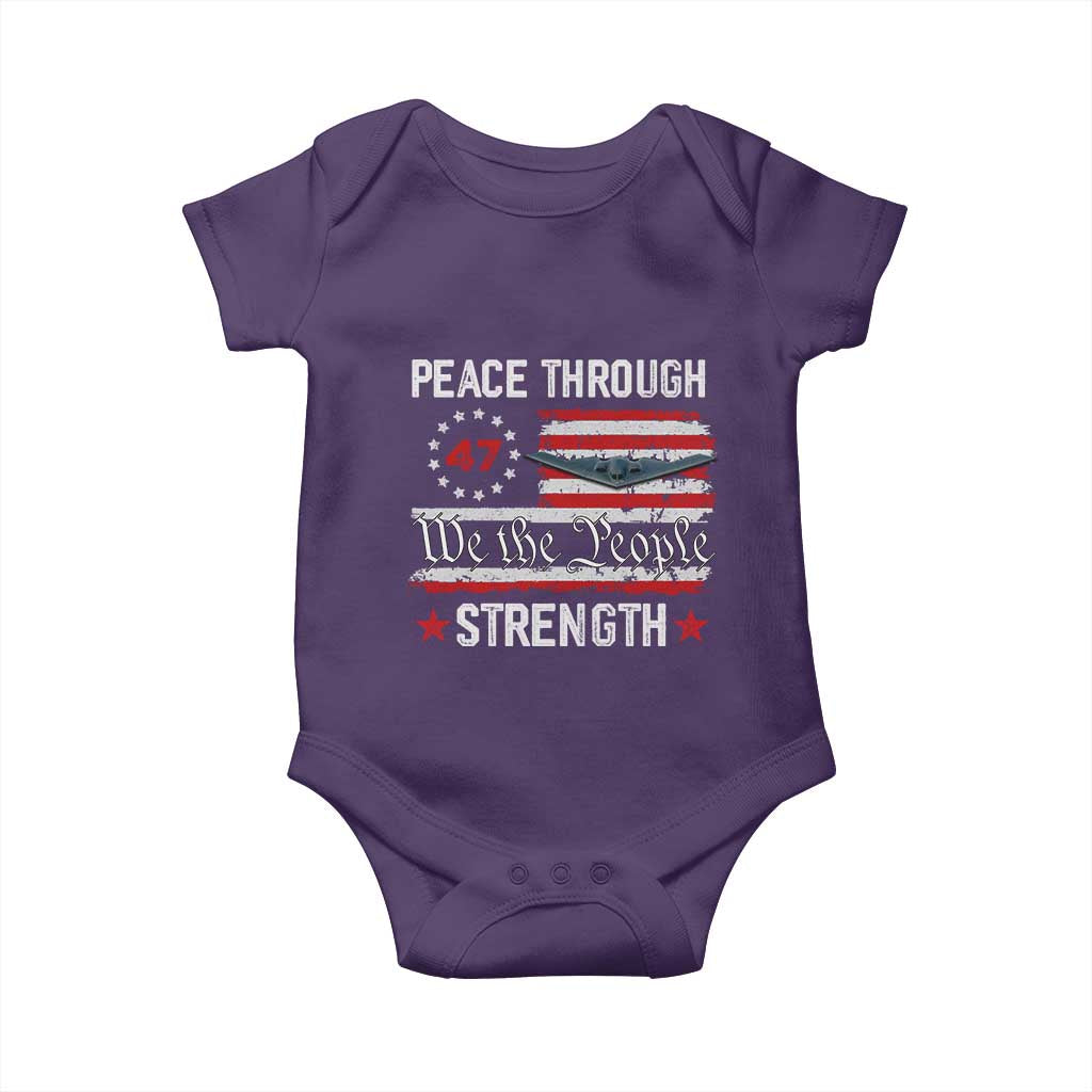 Peace Through Strength Baby Onesie Patriotic Midnight Hammer Jet American Flag TS02 Purple Print Your Wear