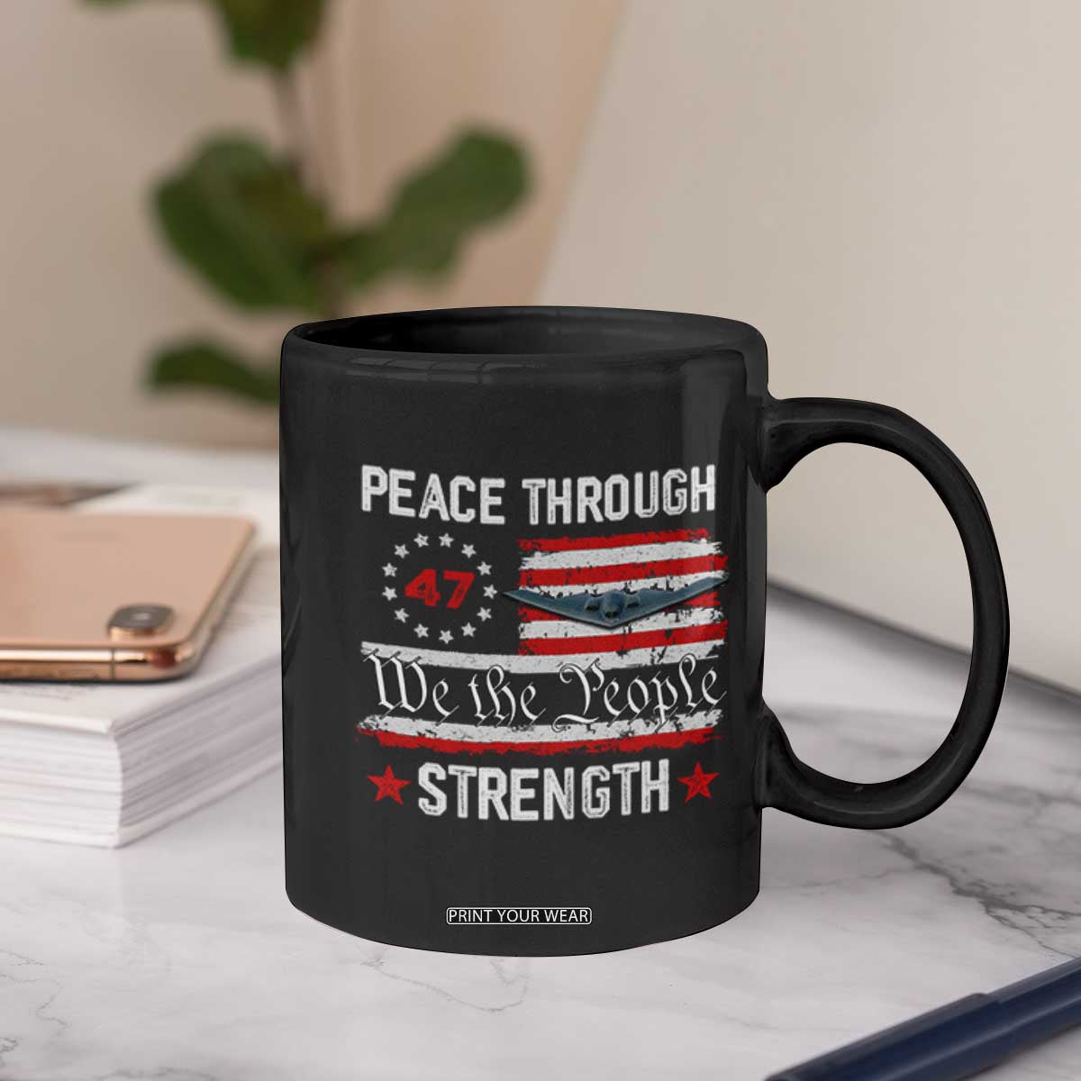 Peace Through Strength Coffee Mug Patriotic Midnight Hammer Jet American Flag TS02 Print Your Wear