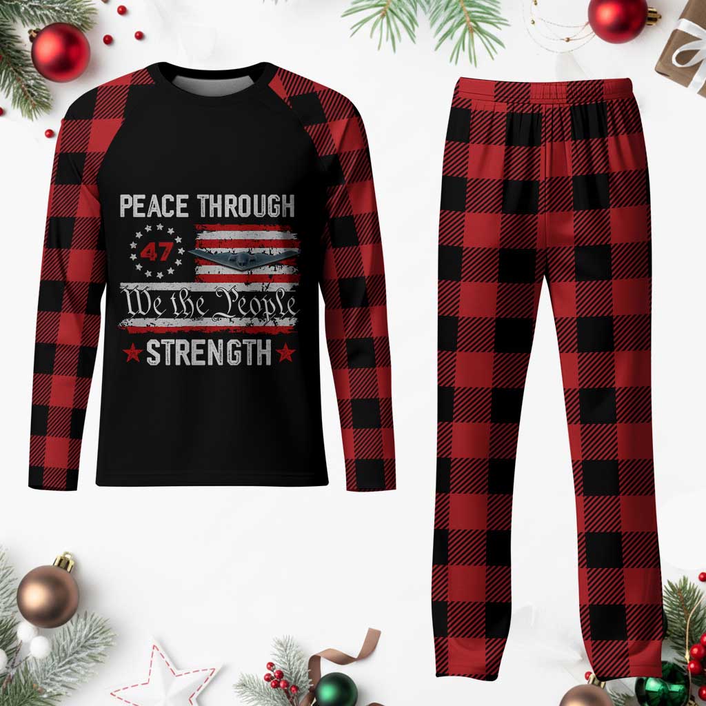 Peace Through Strength Plaid Pajama Set Patriotic Midnight Hammer Jet American Flag TS02 Buffalo Plaid Print Your Wear