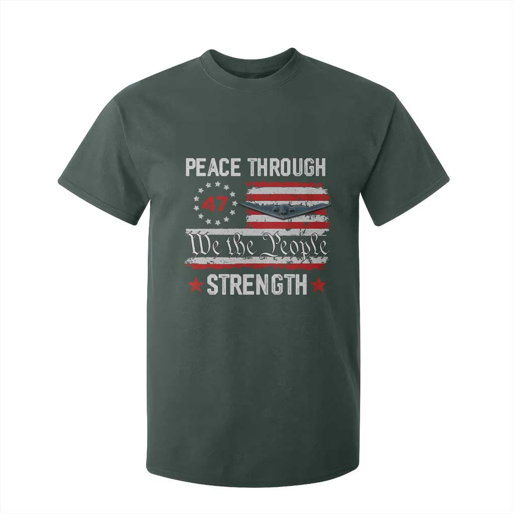 Peace Through Strength T Shirt For Kid Patriotic Midnight Hammer Jet American Flag TS02 Dark Forest Green Print Your Wear