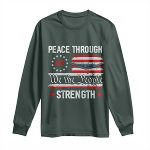 Peace Through Strength Long Sleeve Shirt Patriotic Midnight Hammer Jet American Flag TS02 Dark Forest Green Print Your Wear