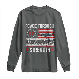 Peace Through Strength Long Sleeve Shirt Patriotic Midnight Hammer Jet American Flag TS02 Dark Heather Print Your Wear