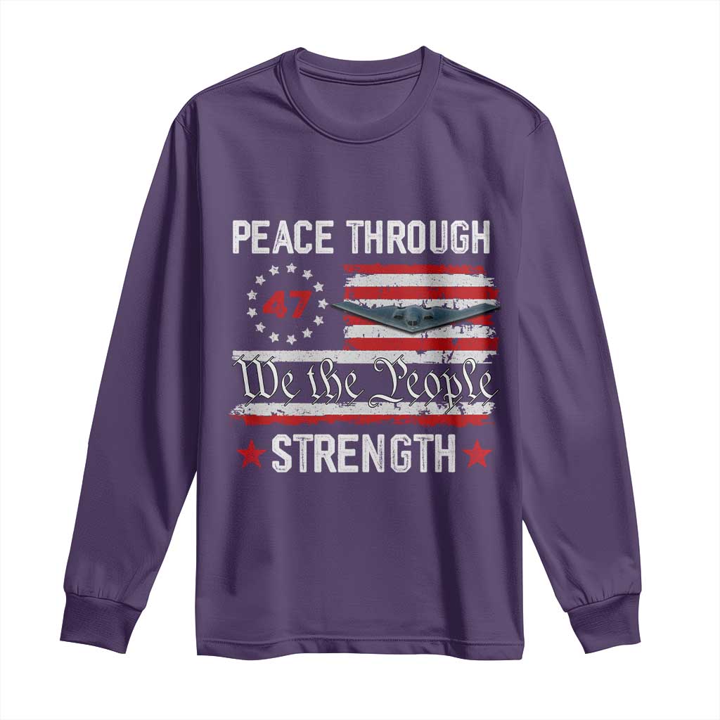 Peace Through Strength Long Sleeve Shirt Patriotic Midnight Hammer Jet American Flag TS02 Purple Print Your Wear