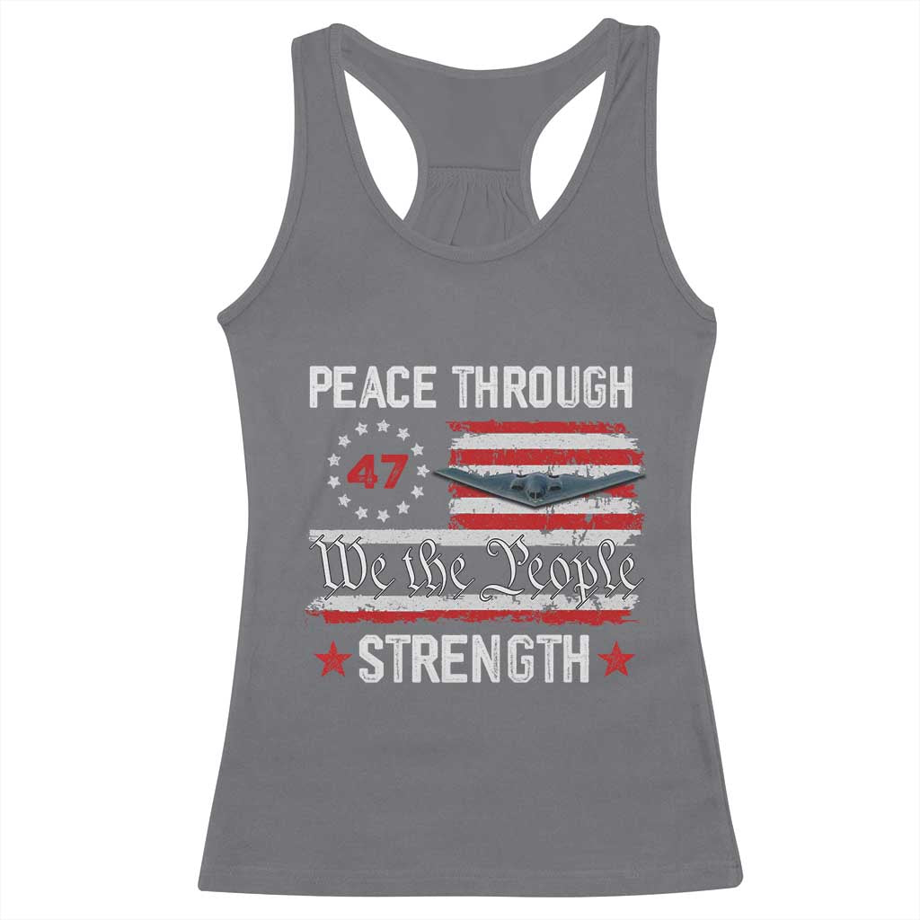 Peace Through Strength Racerback Tank Top Patriotic Midnight Hammer Jet American Flag TS02 Charcoal Print Your Wear