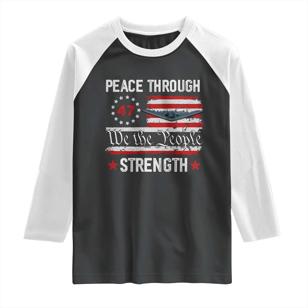 Peace Through Strength Raglan Shirt Patriotic Midnight Hammer Jet American Flag TS02 Black White Print Your Wear