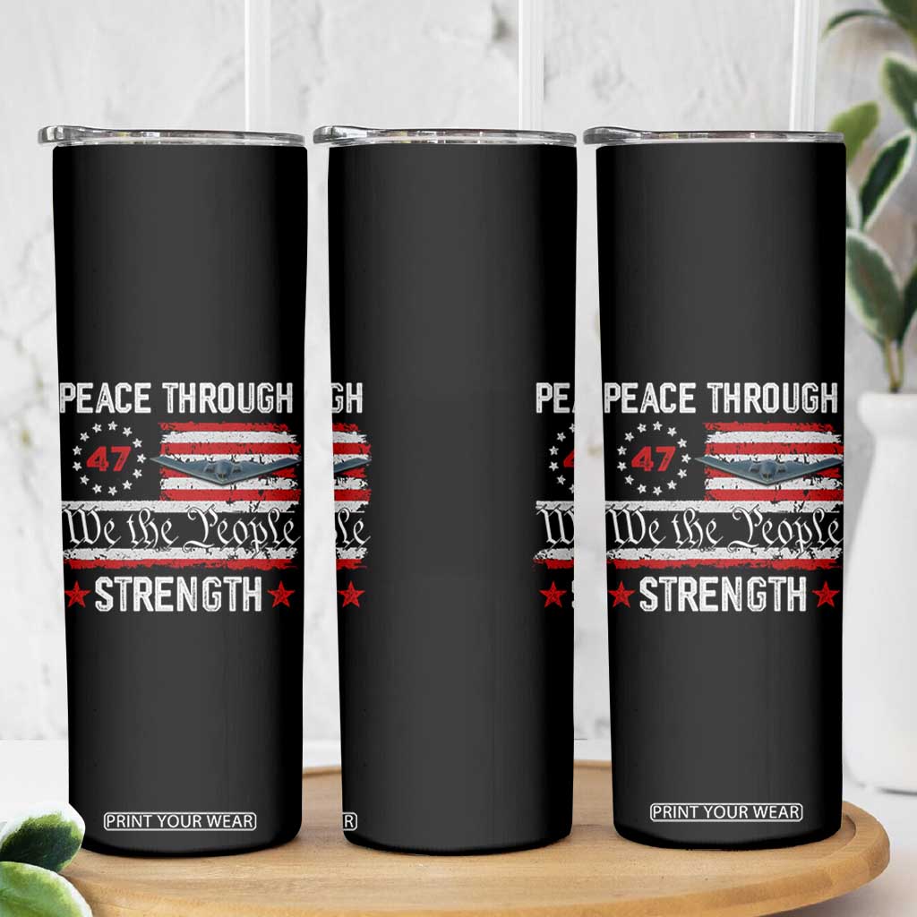 Peace Through Strength Skinny Tumbler Patriotic Midnight Hammer Jet American Flag TS02 Print Your Wear