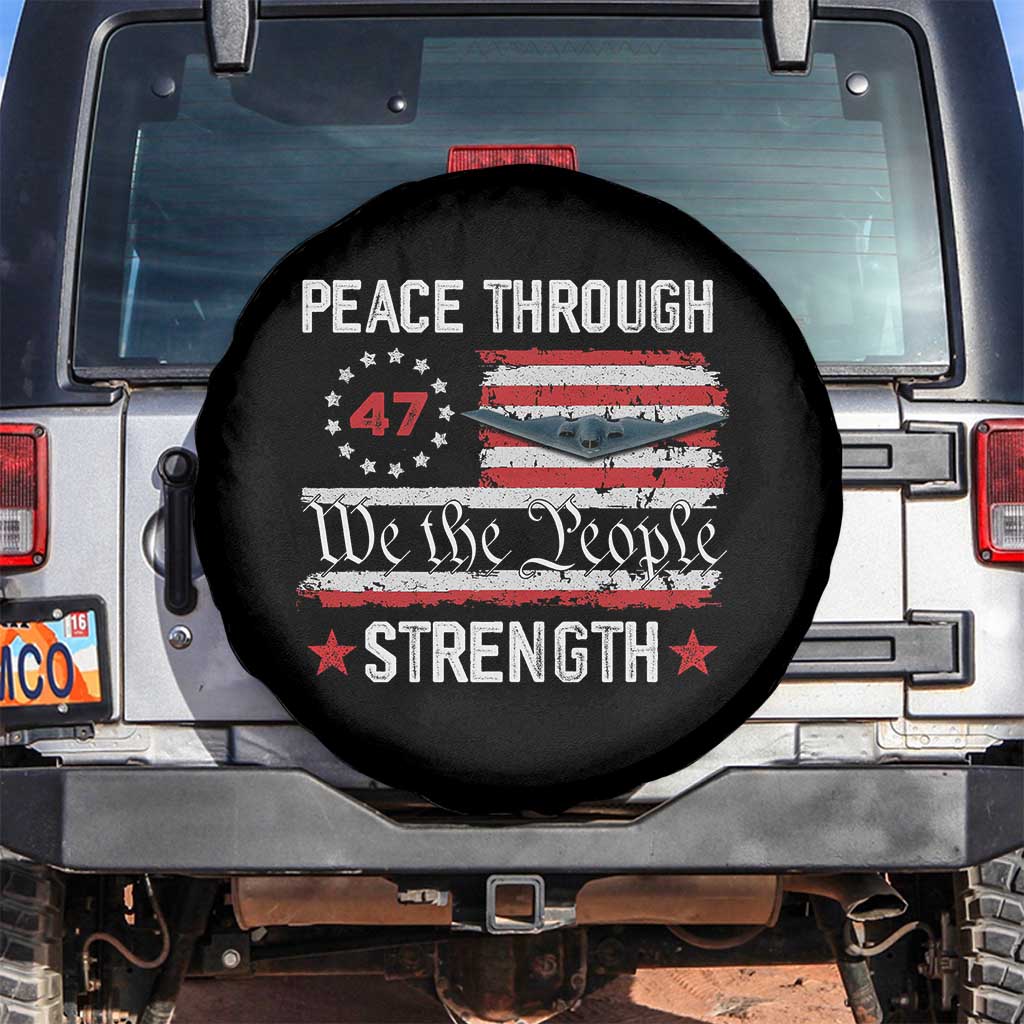 Peace Through Strength Spare Tire Cover Patriotic Midnight Hammer Jet American Flag TS02 No hole Black Print Your Wear