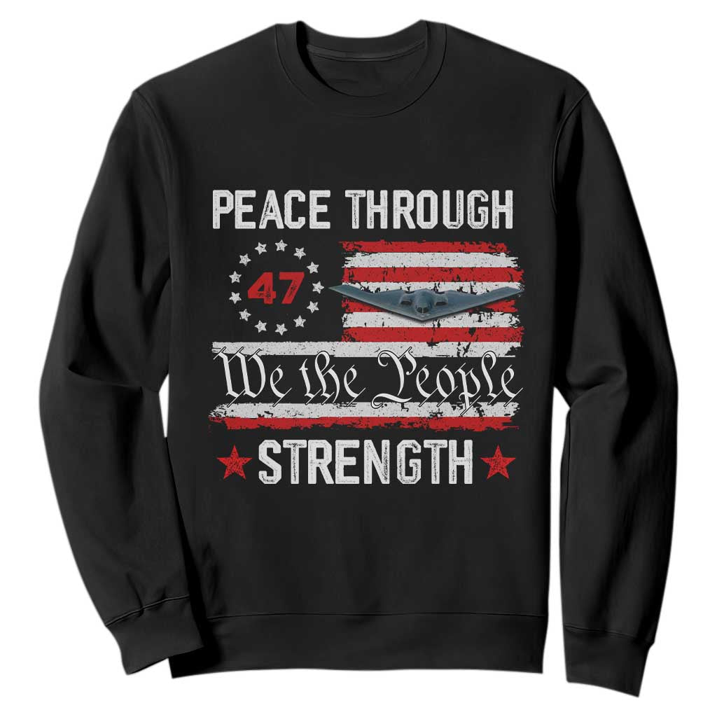 Peace Through Strength Sweatshirt Patriotic Midnight Hammer Jet American Flag TS02 Black Print Your Wear