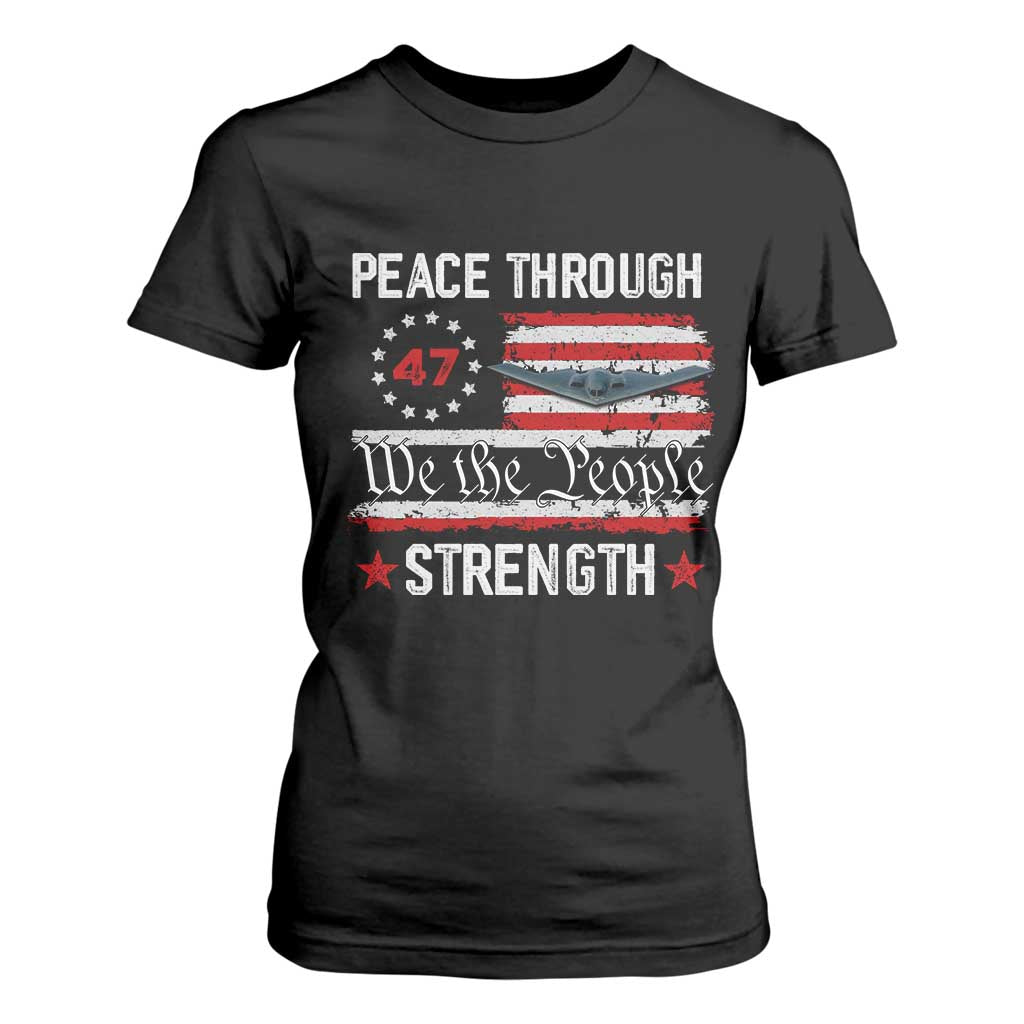 Peace Through Strength T Shirt For Women Patriotic Midnight Hammer Jet American Flag TS02 Black Print Your Wear