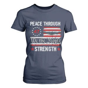Peace Through Strength T Shirt For Women Patriotic Midnight Hammer Jet American Flag TS02 Navy Print Your Wear
