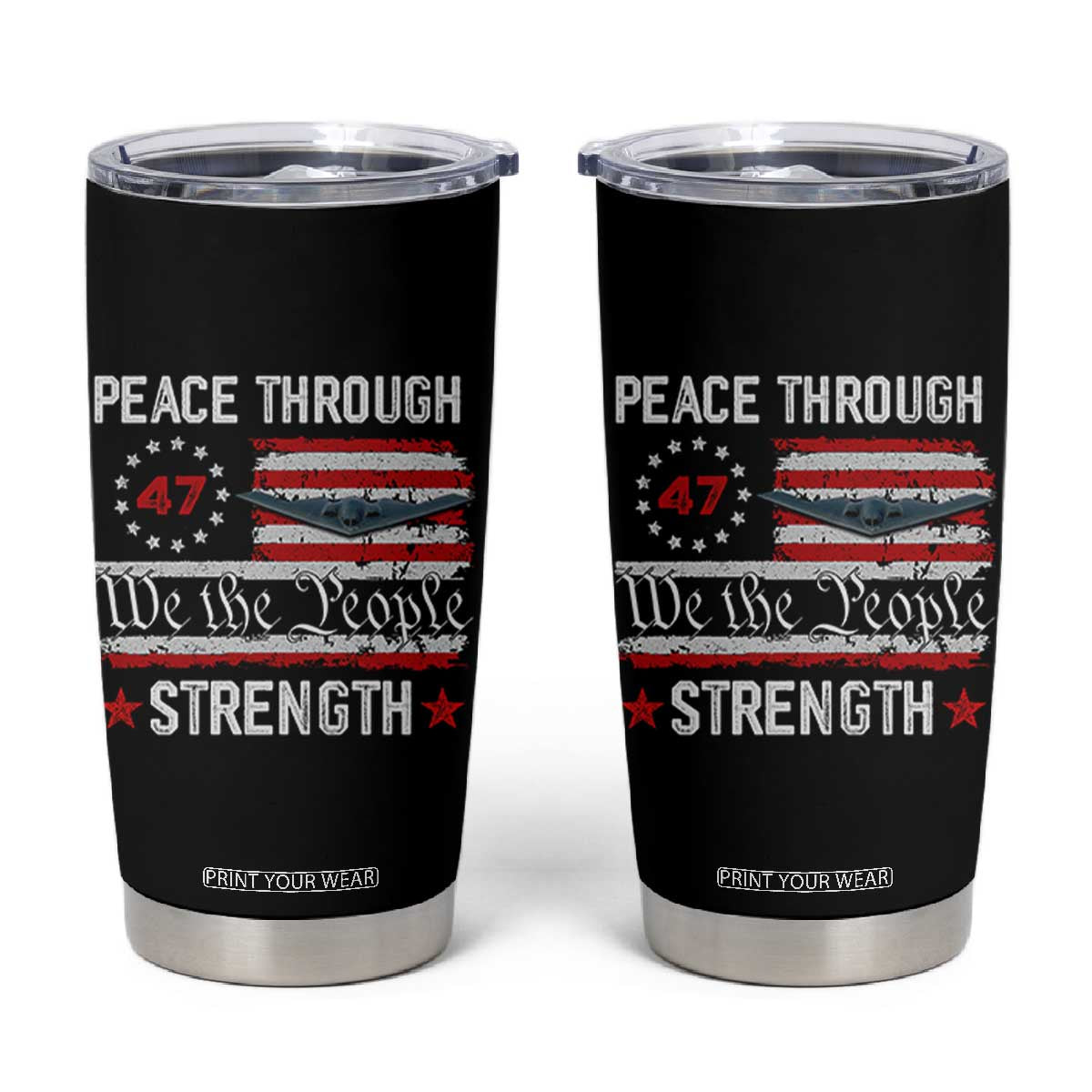 Peace Through Strength Tumbler Cup Patriotic Midnight Hammer Jet American Flag TS02 Black Print Your Wear