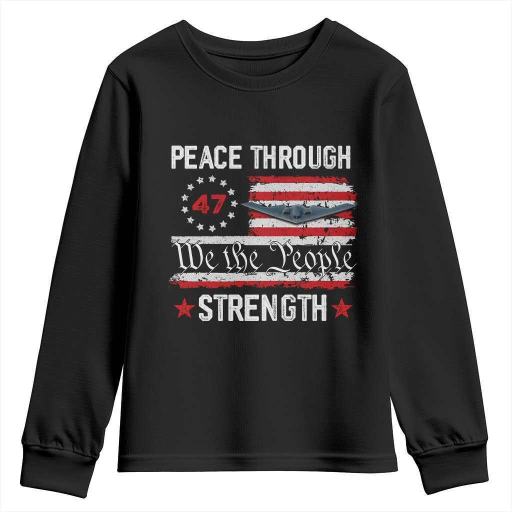 Peace Through Strength Youth Sweatshirt Patriotic Midnight Hammer Jet American Flag TS02 Black Print Your Wear