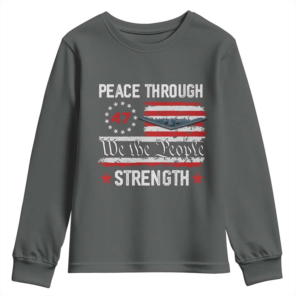 Peace Through Strength Youth Sweatshirt Patriotic Midnight Hammer Jet American Flag TS02 Dark Heather Print Your Wear