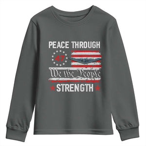 Peace Through Strength Youth Sweatshirt Patriotic Midnight Hammer Jet American Flag TS02 Dark Heather Print Your Wear