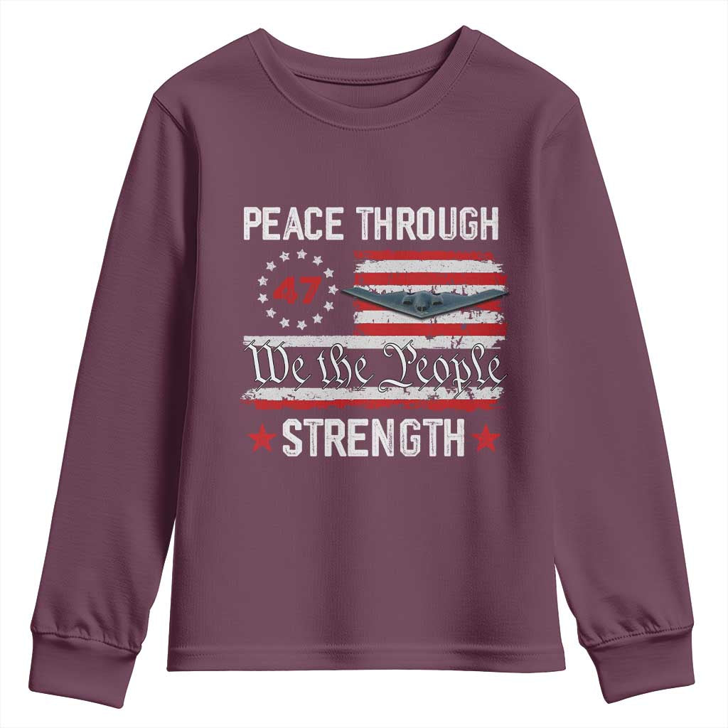 Peace Through Strength Youth Sweatshirt Patriotic Midnight Hammer Jet American Flag TS02 Maroon Print Your Wear