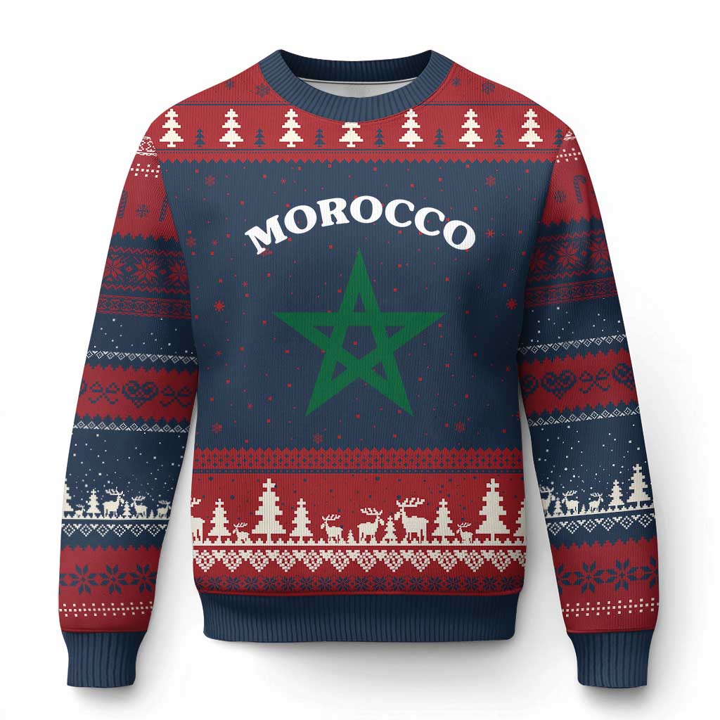 Morocco Pride Flag Star Ugly Christmas Sweater Patriotic Moroccan Heritage Souvenir TS02 Navy Red Print Your Wear