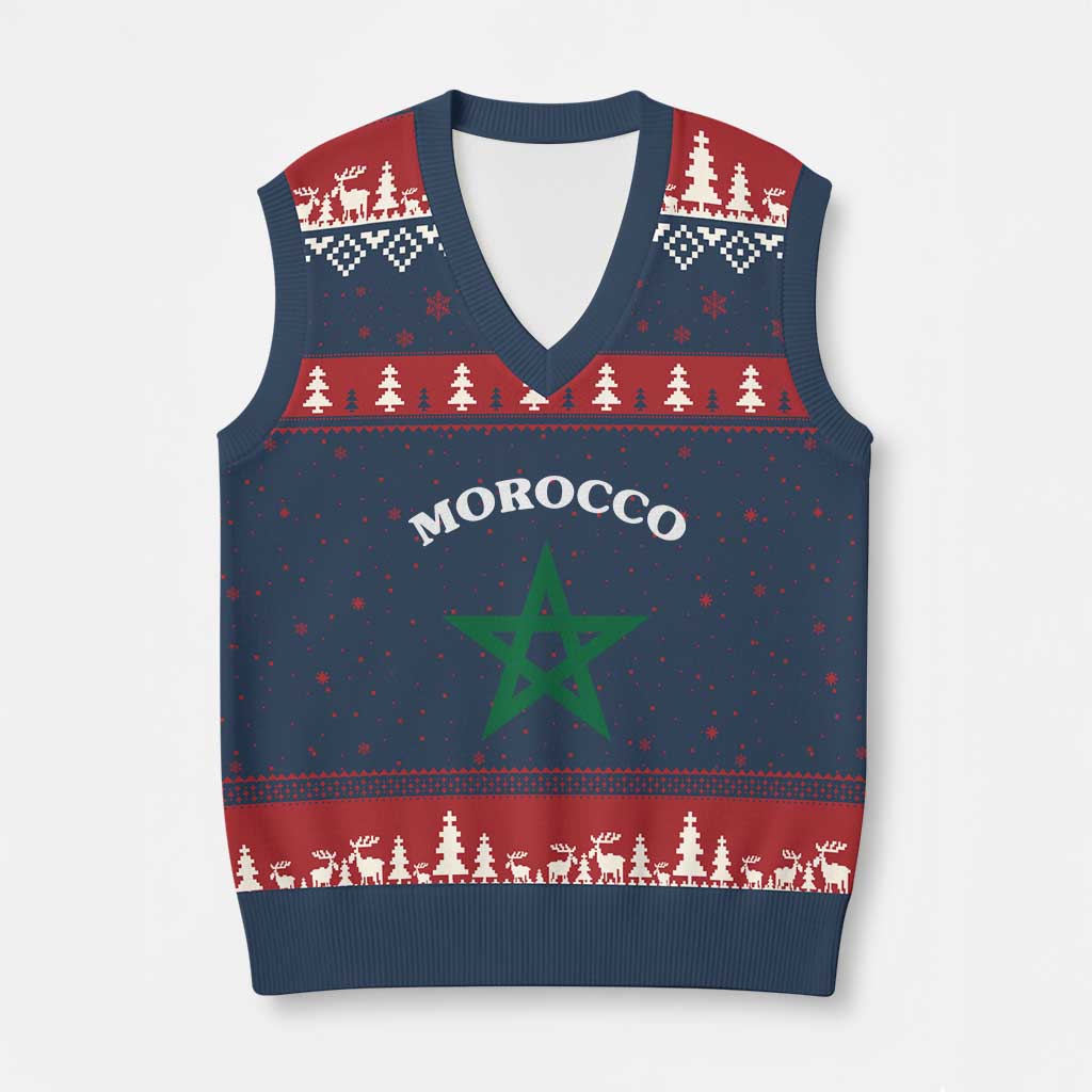 Morocco Pride Flag Star V-Neck Knit Sweater Vest Patriotic Moroccan Heritage Souvenir TS02 Navy Red Print Your Wear