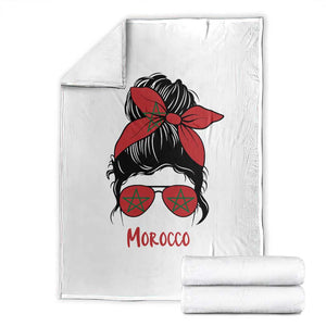 Morocco Girl Messy Bun with Flag Sunglasses Throw Blanket Proud Moroccan Woman Heritage TS02 White Print Your Wear