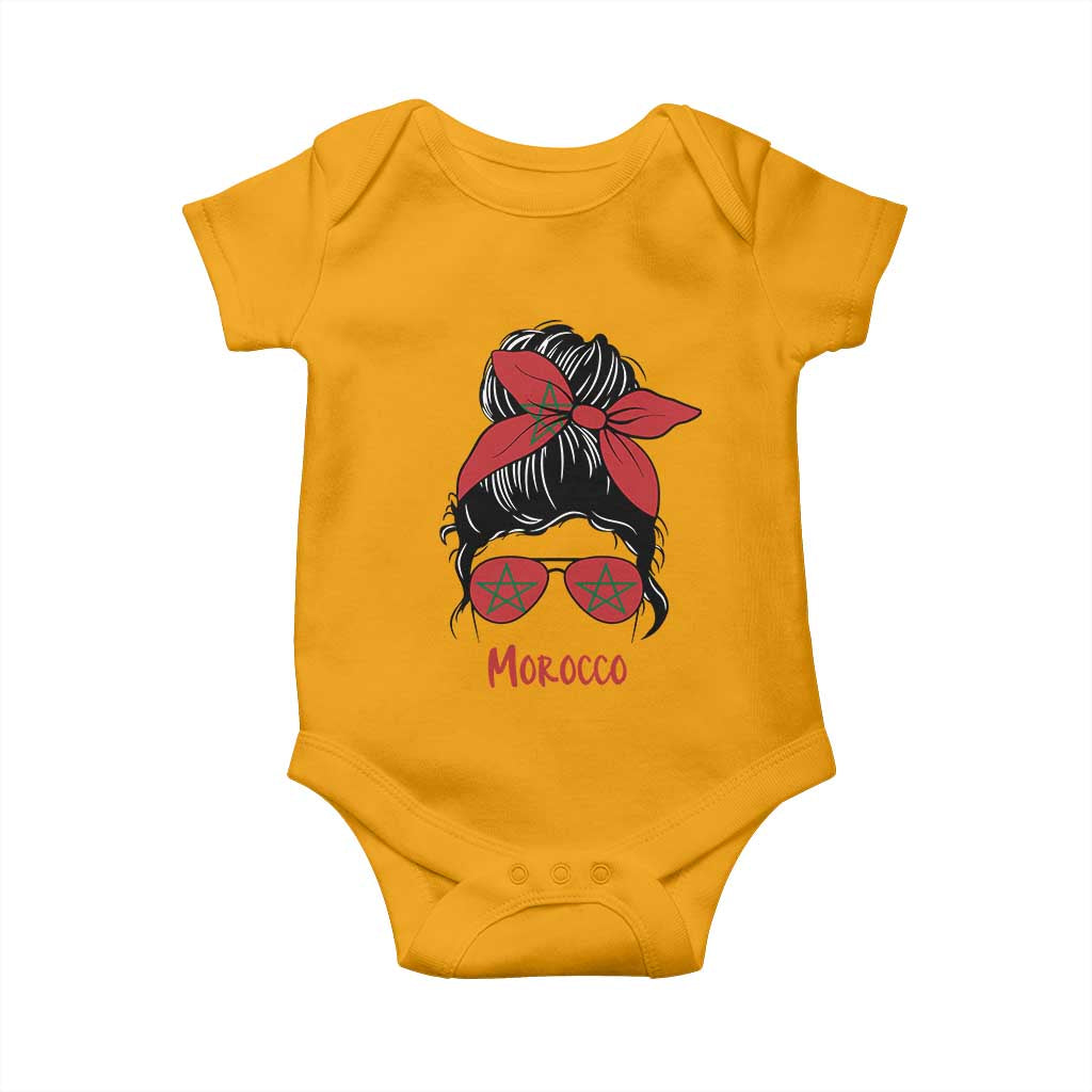 Morocco Girl Messy Bun with Flag Sunglasses Baby Onesie Proud Moroccan Woman Heritage TS02 Gold Print Your Wear