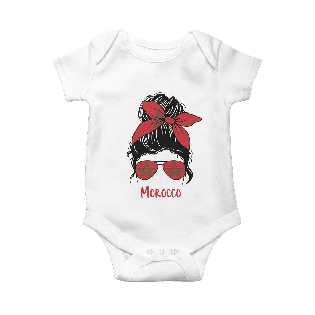 Morocco Girl Messy Bun with Flag Sunglasses Baby Onesie Proud Moroccan Woman Heritage TS02 White Print Your Wear