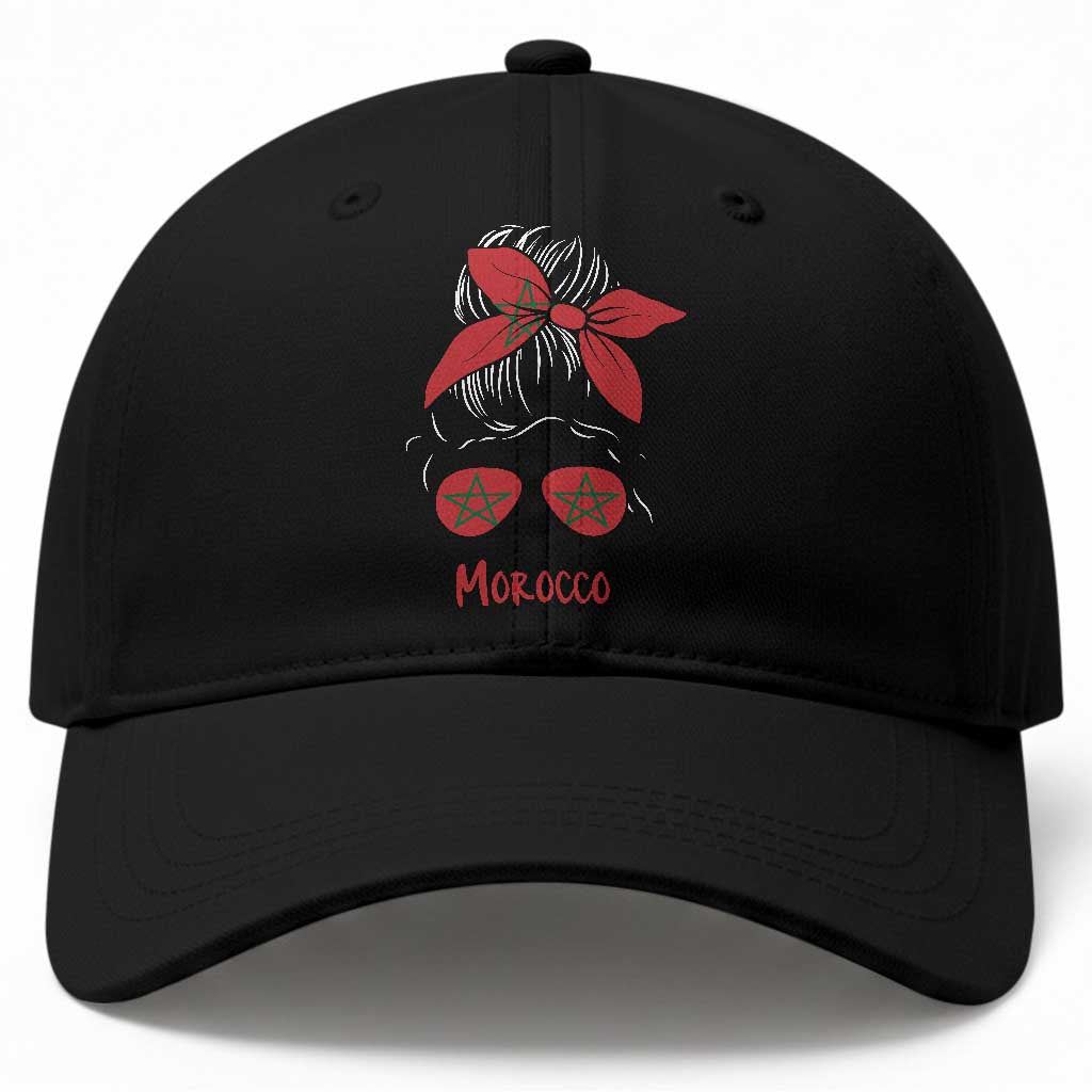 Morocco Girl Messy Bun with Flag Sunglasses Baseball Cap Proud Moroccan Woman Heritage TS02 Print Your Wear