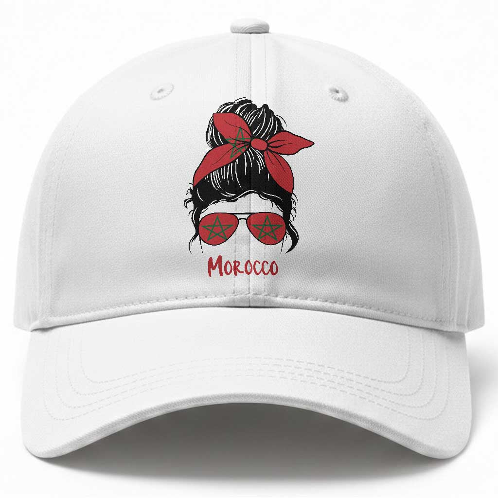 Morocco Girl Messy Bun with Flag Sunglasses Baseball Cap Proud Moroccan Woman Heritage TS02