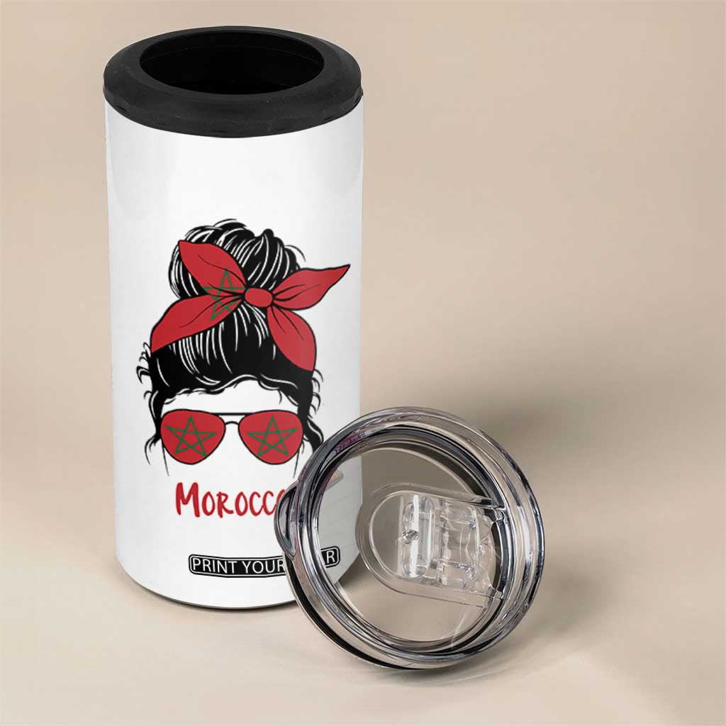 Morocco Girl Messy Bun with Flag Sunglasses 4 in 1 Can Cooler Tumbler Proud Moroccan Woman Heritage TS02 Print Your Wear