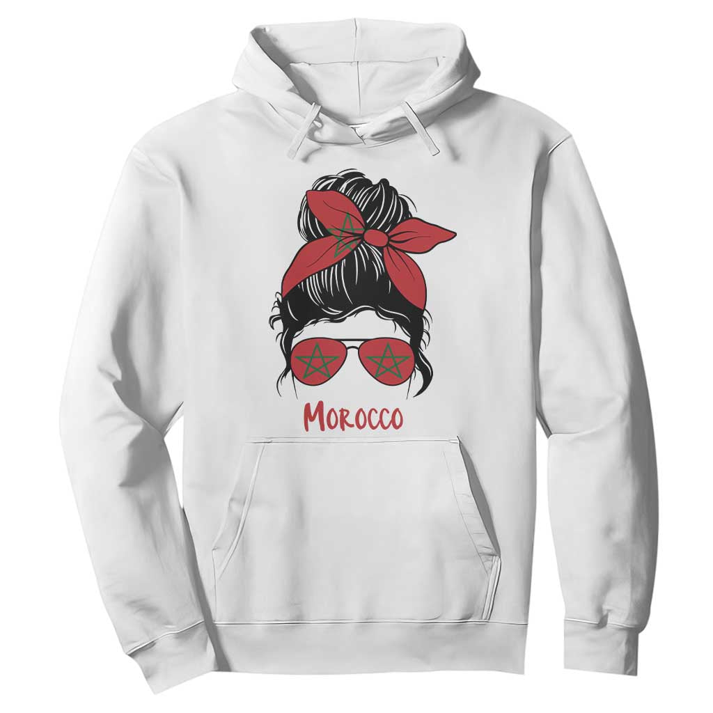 Morocco Girl Messy Bun with Flag Sunglasses Hoodie Proud Moroccan Woman Heritage TS02 White Print Your Wear