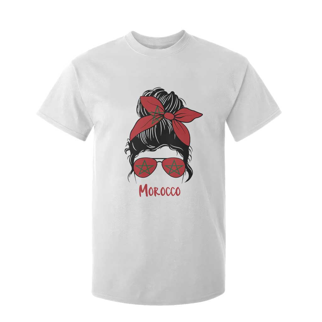 Morocco Girl Messy Bun with Flag Sunglasses T Shirt For Kid Proud Moroccan Woman Heritage TS02 White Print Your Wear