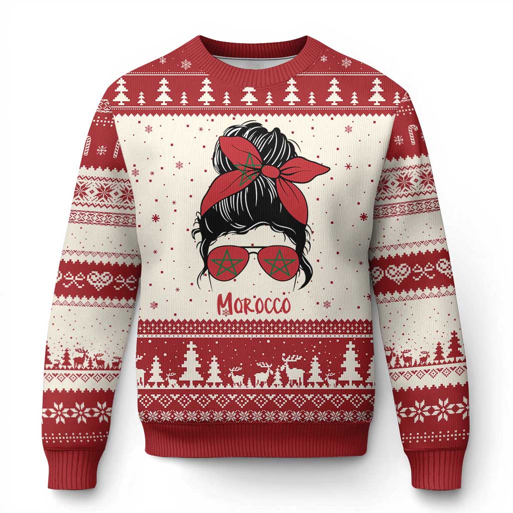 Morocco Girl Messy Bun with Flag Sunglasses Ugly Christmas Sweater Proud Moroccan Woman Heritage TS02 Beige Red Print Your Wear