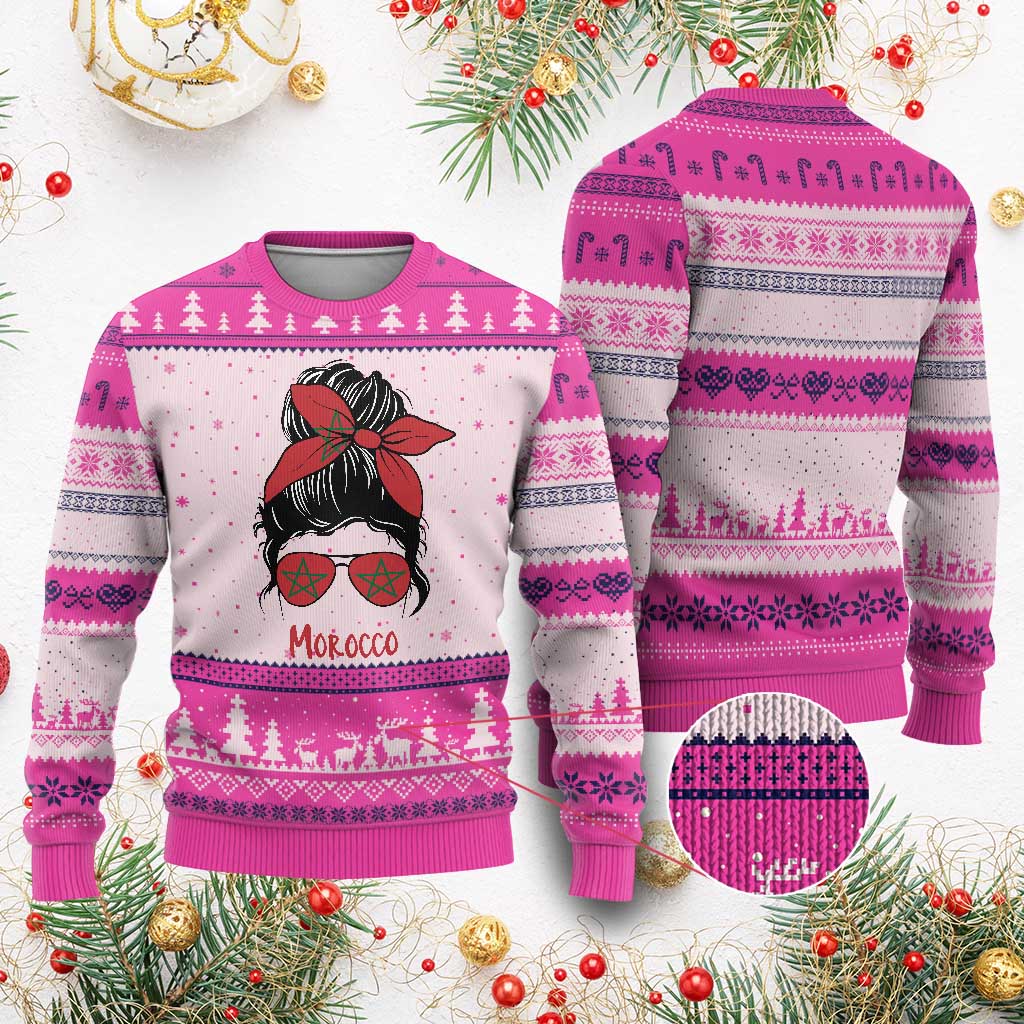 Morocco Girl Messy Bun with Flag Sunglasses Ugly Christmas Sweater Proud Moroccan Woman Heritage TS02 Print Your Wear