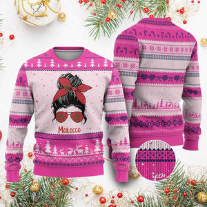 Morocco Girl Messy Bun with Flag Sunglasses Ugly Christmas Sweater Proud Moroccan Woman Heritage TS02 Print Your Wear