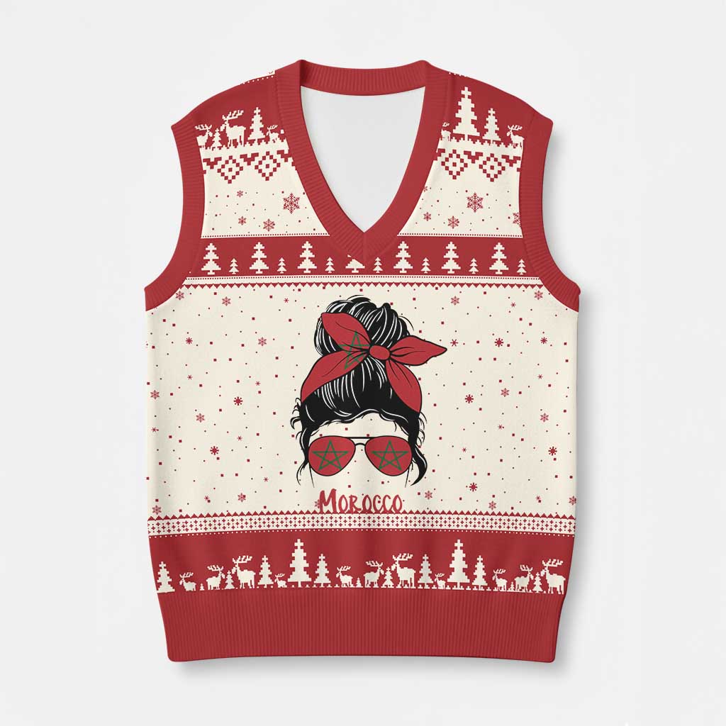 Morocco Girl Messy Bun with Flag Sunglasses V-Neck Knit Sweater Vest Proud Moroccan Woman Heritage TS02 Beige Red Print Your Wear