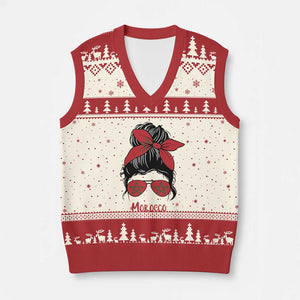 Morocco Girl Messy Bun with Flag Sunglasses V-Neck Knit Sweater Vest Proud Moroccan Woman Heritage TS02 Beige Red Print Your Wear