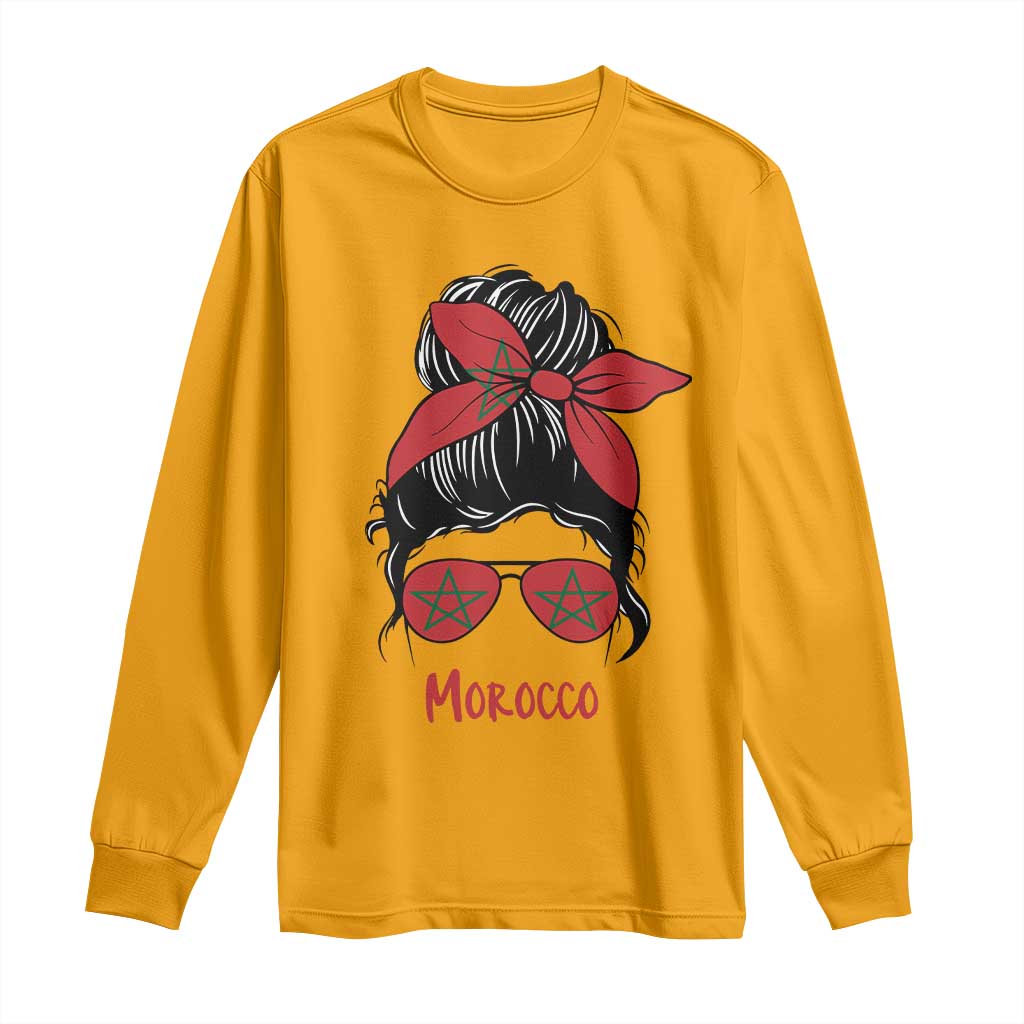 Morocco Girl Messy Bun with Flag Sunglasses Long Sleeve Shirt Proud Moroccan Woman Heritage TS02 Gold Print Your Wear