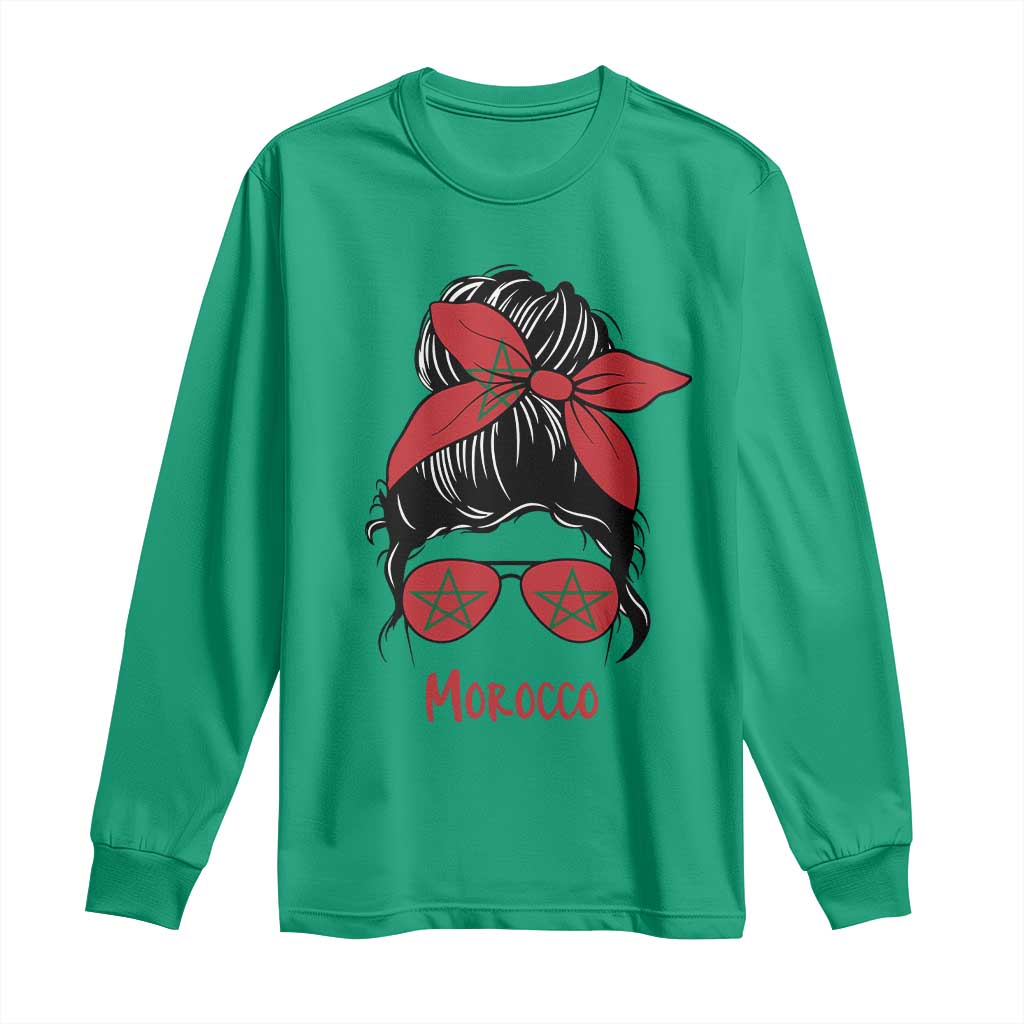 Morocco Girl Messy Bun with Flag Sunglasses Long Sleeve Shirt Proud Moroccan Woman Heritage TS02 Irish Green Print Your Wear