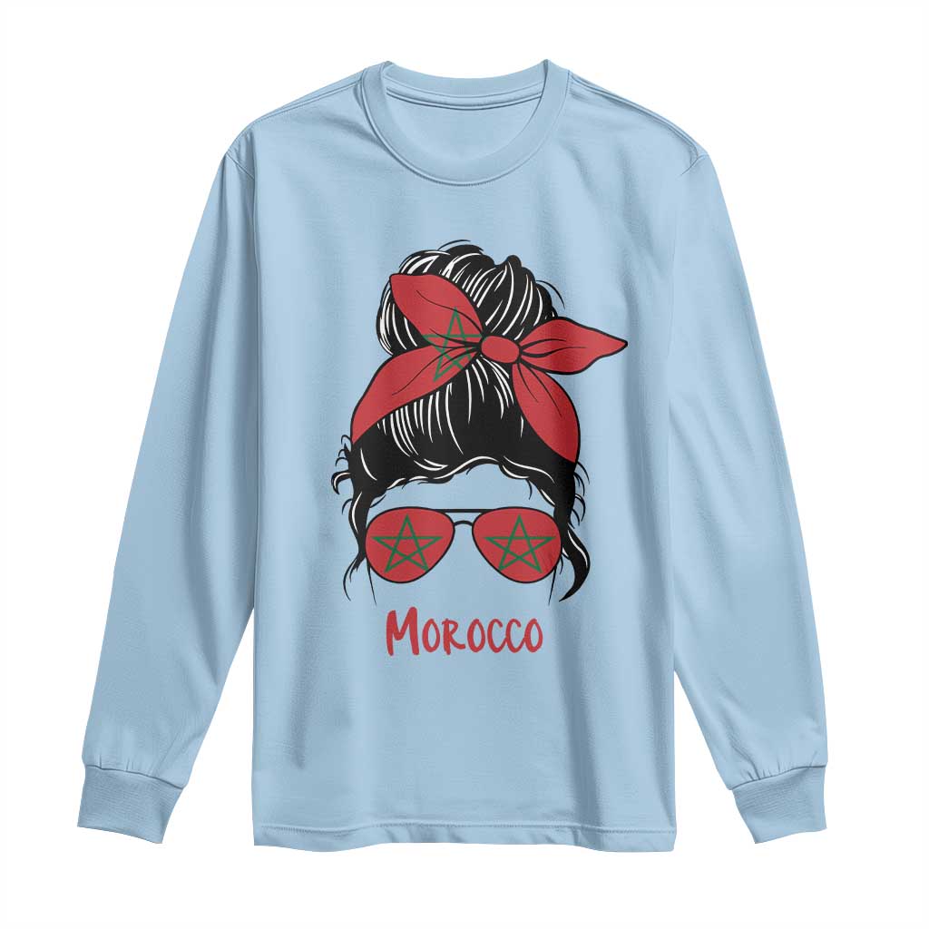 Morocco Girl Messy Bun with Flag Sunglasses Long Sleeve Shirt Proud Moroccan Woman Heritage TS02 Light Blue Print Your Wear